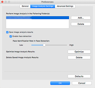 figure: Image Analysis Settings tab of the Preferences dialog