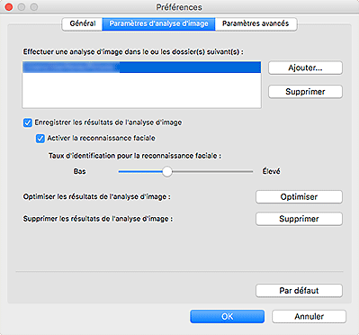 figure : onglet Paramètres de l'analyse d'images de la boîte de dialogue Préférences