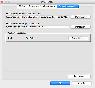 figure : onglet Paramètres avancés de la boîte de dialogue Préférences
