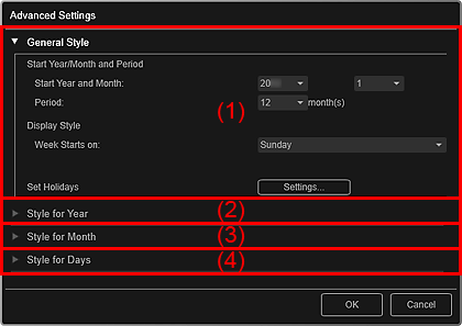 attēls: dialoglodziņš Papildu iestatījumi (Kalendārs)