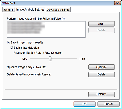 attēls: cilne Attēla analīzes iestatījumi dialoglodziņā Preferences