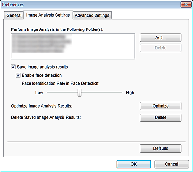 afbeelding: tabblad Instellingen afbeeldingsanalyse van dialoogvenster Voorkeuren