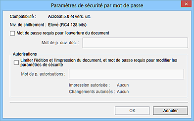 figure : boîte de dialogue Paramètres de sécurité par mot de passe