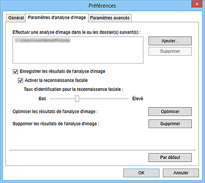 figure : Onglet Paramètres d'analyse d'image de la boîte de dialogue Préférences