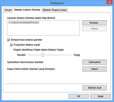 gambar: Tab Setelan Analisis Gambar kotak dialog Preferensi