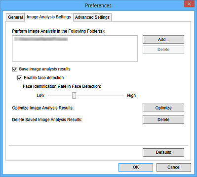 Imagen: ficha Configuración de análisis de imágenes del cuadro de diálogo Preferencias