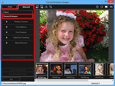 figure: Correct/Enhance Images window Manual tab