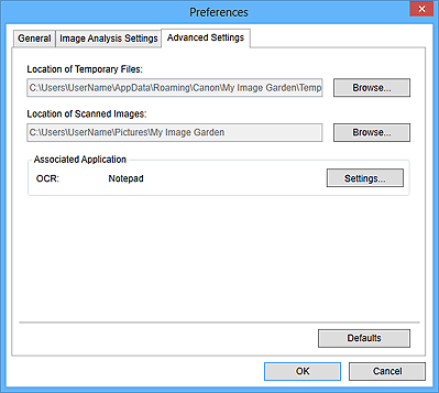 figure: Advanced Settings tab of the Preferences dialog box