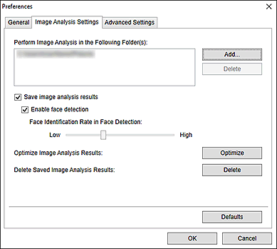 Imagen: ficha Configuración de análisis de imágenes del cuadro de diálogo Preferencias