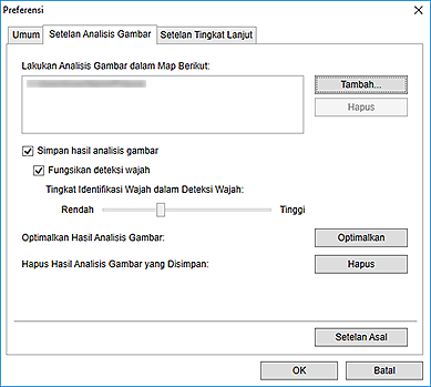 gambar: Tab Setelan Analisis Gambar kotak dialog Preferensi