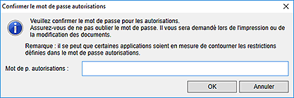 figure : boîte de dialogue Confirmer le mot de passe autorisations