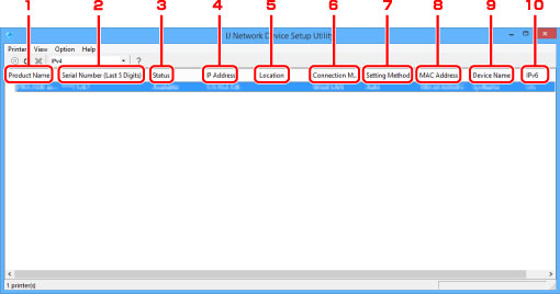 obrázek: Obrazovka nástroje IJ Network Device Setup Utility