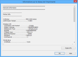figure : Écran Informations sur le réseau de l'imprimante