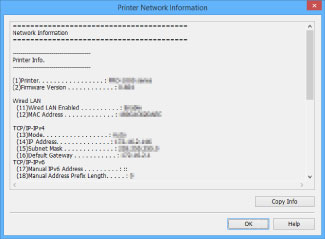 ภาพ: หน้าจอ "ข้อมูลเครือข่ายเครื่องพิมพ์"