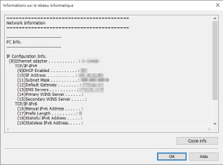 figure : Écran Informations sur le réseau informatique