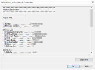 figure : Écran Informations sur le réseau de l'imprimante