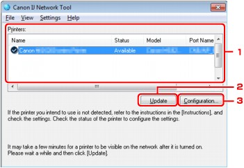 фигура: Екран на Canon IJ Network Tool