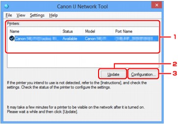 figura: Ecranul Canon IJ Network Tool