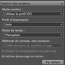 figure : Zone des paramètres (Gestion des couleurs)