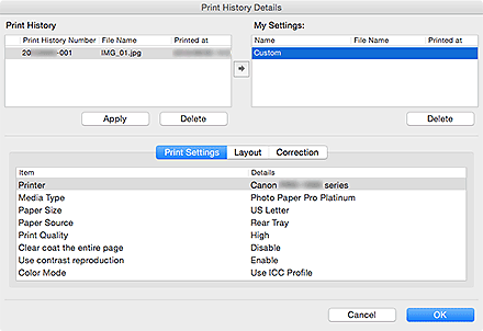 figure: Print History Details dialog