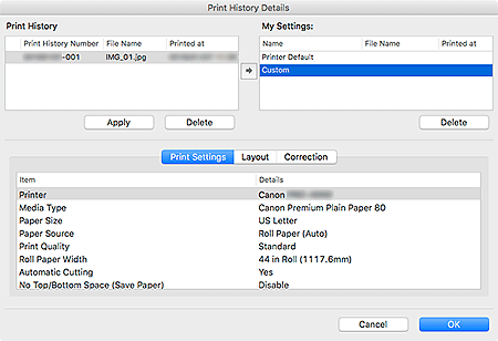 figure: Print History Details dialog