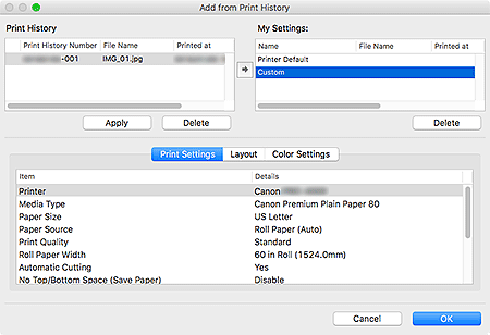 figure: Add from Print History dialog