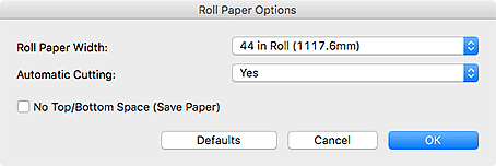 figura: Caixa de diálogo Opções de papel em rolo