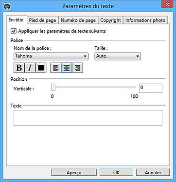 figure : Boîte de dialogue Paramètres du texte
