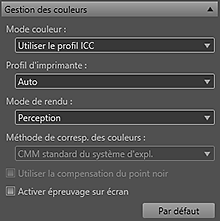 figure : Zone des paramètres (Gestion des couleurs)