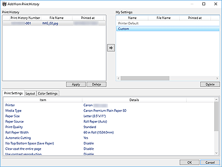 figure: Add from Print History dialog box
