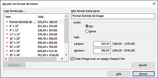 figure : Boîte de dialogue Ajouter un format de trame