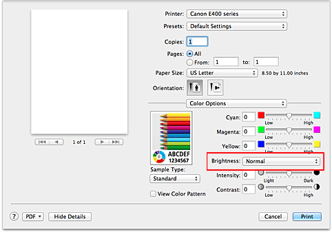 Imagen: Brillo de Opciones de color del cuadro de diálogo Imprimir