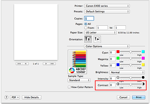 Imagen: Contraste de Opciones de color del cuadro de diálogo Imprimir