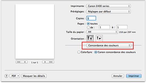 figure : Concordance des couleurs dans la boîte de dialogue Imprimer