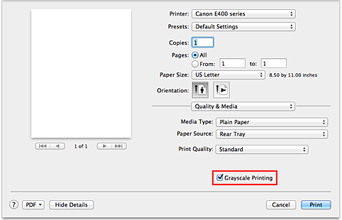 figure:Grayscale Printing of Quality & Media in the Print dialog