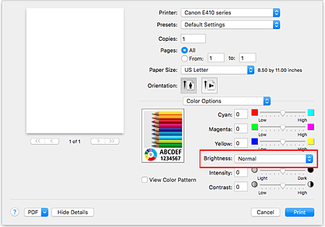 الشكل: السطوع ضمن خيارات الألوان في مربع الحوار طباعة