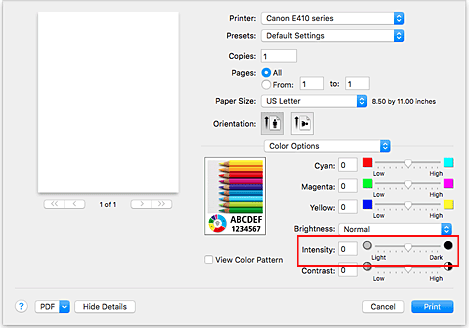 الشكل: الكثافة ضمن خيارات الألوان في مربع الحوار طباعة