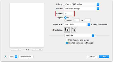 الشكل: عدد النسخ في مربع الحوار طباعة