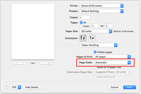 الشكل: تحديد تلقائي في ترتيب الصفحات ضمن معالجة الورق في مربع الحوار طباعة