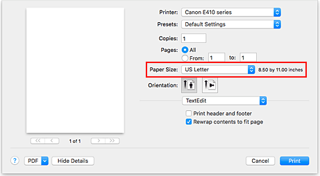 الشكل: حجم الورق في مربع الحوار طباعة