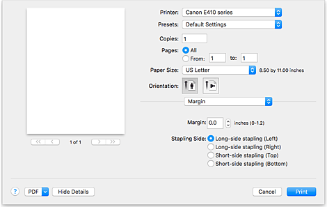 الشكل: الهامش في مربع الحوار طباعة
