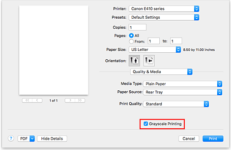 الشكل: الطباعة بتدرج الرمادي ضمن الجودة والوسائط في مربع الحوار طباعة