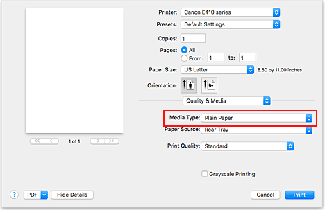 الشكل: نوع الوسائط ضمن الجودة والوسائط في مربع الحوار طباعة
