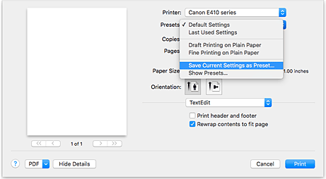 الشكل: تحديد حفظ الإعدادات الحالية كإعدادات مسبقة... من إعدادات مسبقة في مربع الحوار طباعة