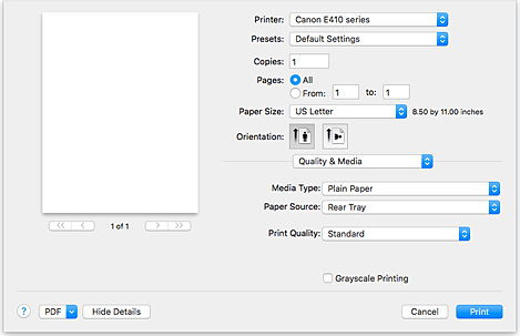 الشكل: الجودة والوسائط في مربع الحوار طباعة