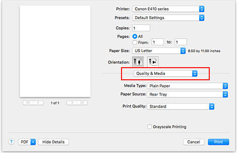 الشكل: الجودة والوسائط في مربع الحوار طباعة