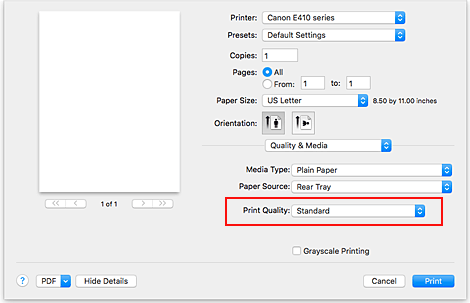 الشكل: جودة الطباعة ضمن الجودة والوسائط في مربع الحوار طباعة