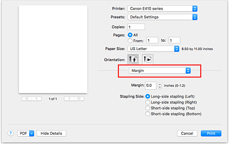 الشكل: الهامش في مربع الحوار طباعة