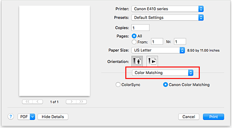 figure:Color Matching in the Print dialog