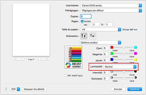 figure&nbsp;: Luminosité des options de couleur dans la boîte de dialogue Imprimer